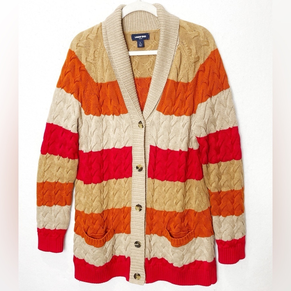 Lands' End Drifter Cotton Chunky Cable Knit Cardigan Sweater Striped Size Large